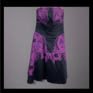 Karen Millen Floral Lace Black Purple Fit & Flair Strapless Cocktail Dress Sz 4